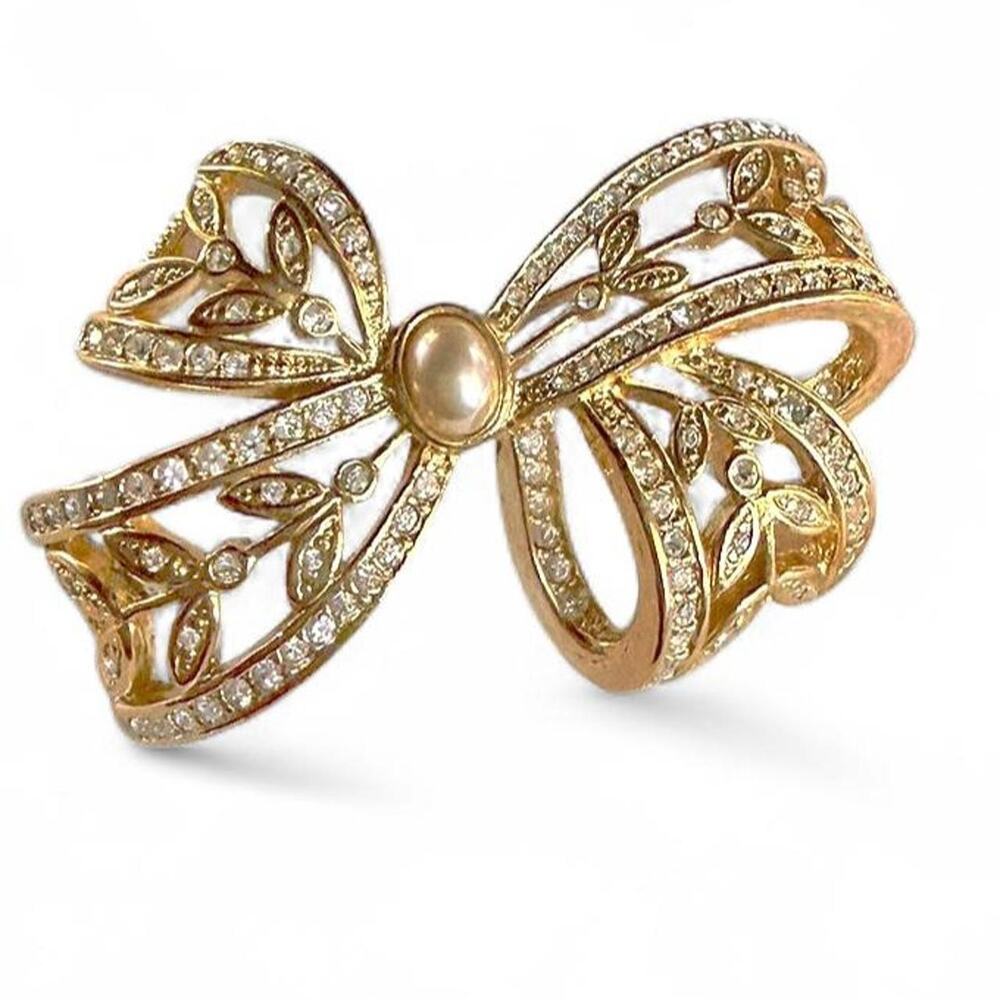 Gold Tone Large Vintage Pearl Rhinestones Bow Brooch Regency Coquette Balletcore